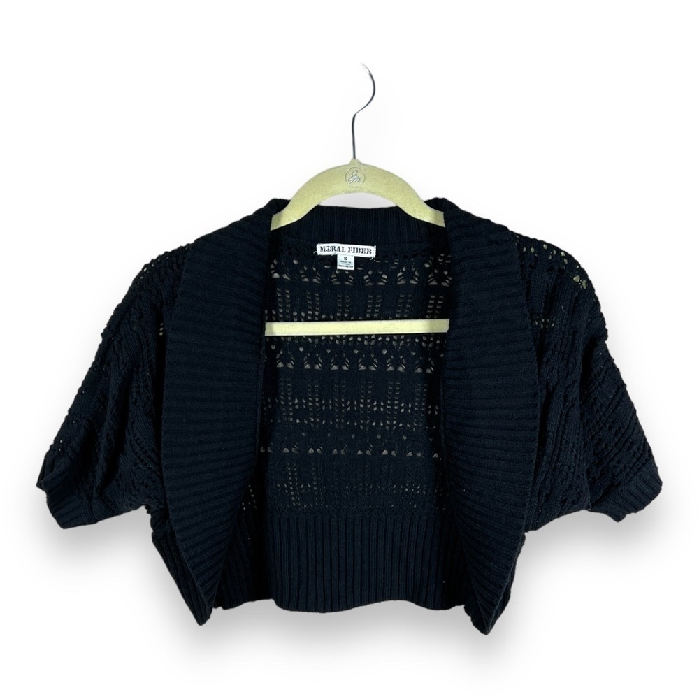 SMALL MORAL FIBER BLACK CROPPED SWEATER OPEN KNIT RETRO GOTH PINUP OPEN FRONT